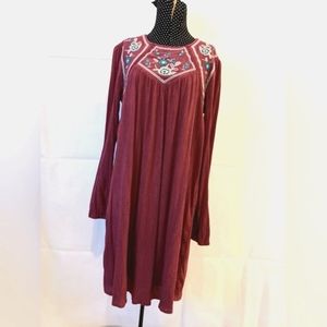 New Blue Rain Burgundy Crepe Floral Embroidered Long Sleeve Shift Boho Dress